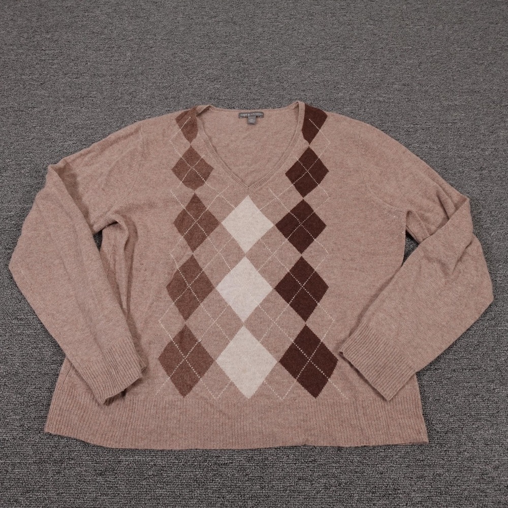 Apt. 9 Sweater Mens XL Beige Argyle V Neck 100% Cashmere Knit Pullover Soft